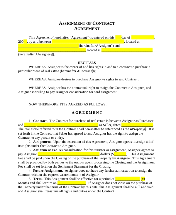 Assignment of a purchase contract